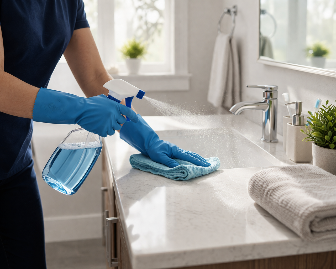 Bathroom vanity being cleaned